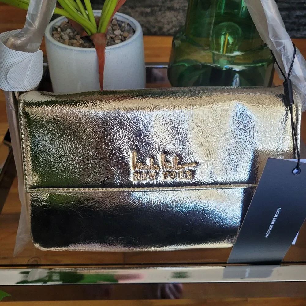 Nicole Miller Metallic Gold Vegan Leather Handbag Purse Shoulder Bag NWT $60 NEW - Picture 2 of 16